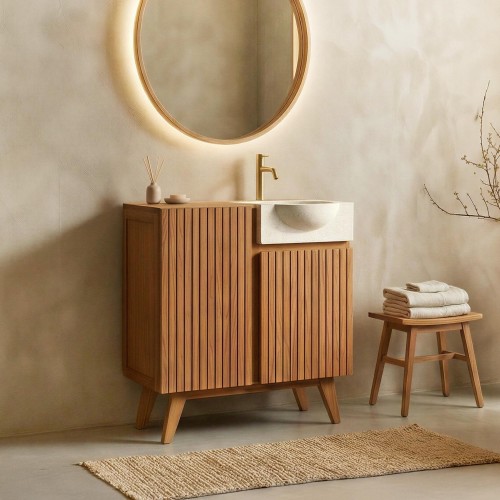 Handwaschbecken aus massivem Teakholz und Waschbecken aus weißem Terrazzo - Neela