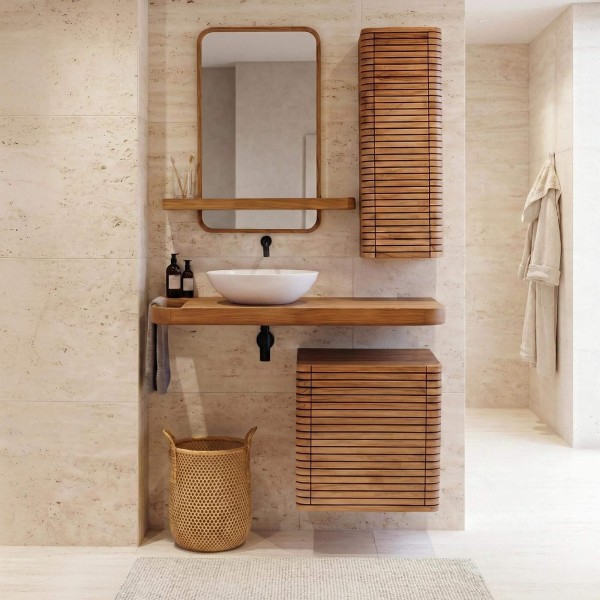 Wandhängender Bad-Hängeschrank aus Teakholz - Lattis