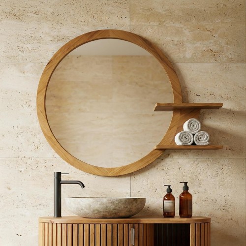 Ovaler Spiegel mit Teakholzrahmen und Ablageflächen - Leela