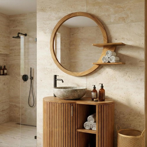 Ovaler Spiegel mit Teakholzrahmen und Ablageflächen - Leela