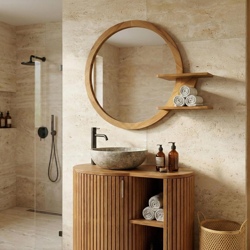 Ovaler Spiegel mit Teakholzrahmen und Ablageflächen - Leela