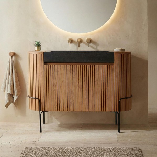 Badezimmermöbel aus massivem Teakholz mit Waschbecken aus schwarzem Terrazzo - Rani