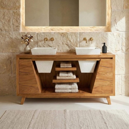Badezimmermöbel aus massivem Teakholz und Doppelwaschbecken aus weißem Terrazzo - Meera