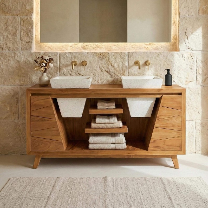 Badezimmermöbel aus massivem Teakholz und Doppelwaschbecken aus weißem Terrazzo - Meera