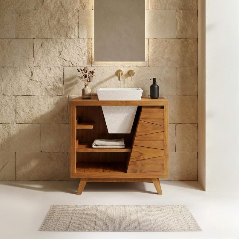 Badezimmermöbel aus massivem Teakholz und Waschbecken aus weißem Terazzo - Meera