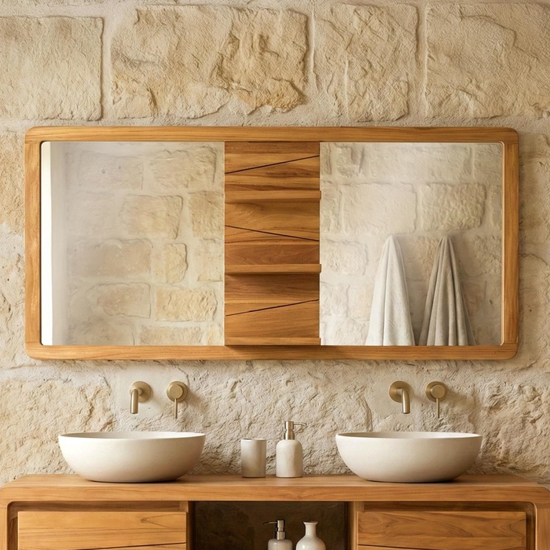 Doppelspiegel auf Teakholzgestell mit Ablagen - Sahar