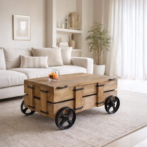 Couchtisch aus Massivholz mit Metallrollen und Stauraumtruhe