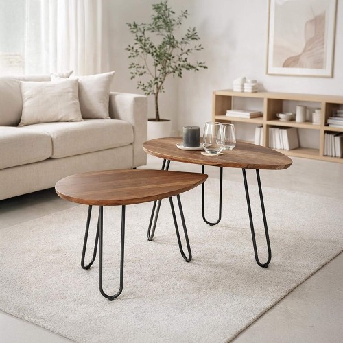 Skandinavische Satztische im skandinavischen Stil mit einer Tischplatte aus massivem Akazienholz und einem Metallgestell