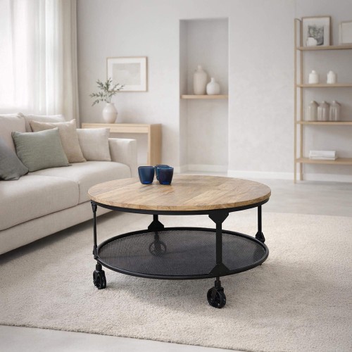 Runder Industrial-Couchtisch mit Massivholzplatte und Metallplatte – Wild West