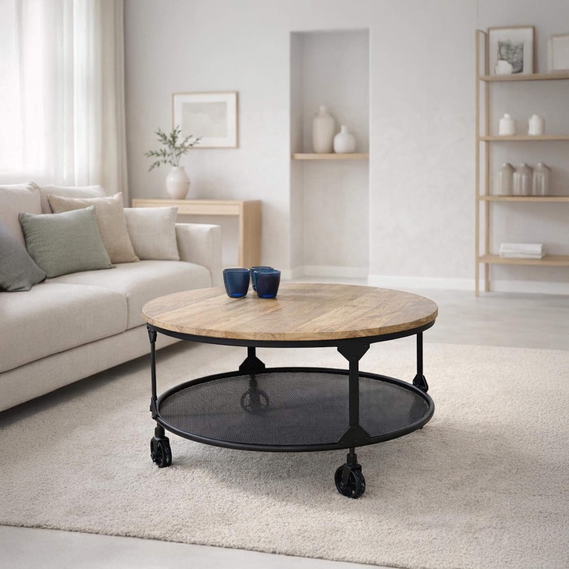 Runder Industrial-Couchtisch mit Massivholzplatte und Metallplatte – Wild West