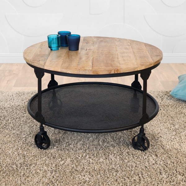 Runder Industrial-Couchtisch mit Massivholzplatte und Metallplatte – Wild West