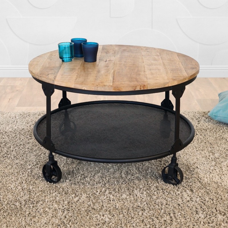 Runder Industrial-Couchtisch mit Massivholzplatte und Metallplatte – Wild West