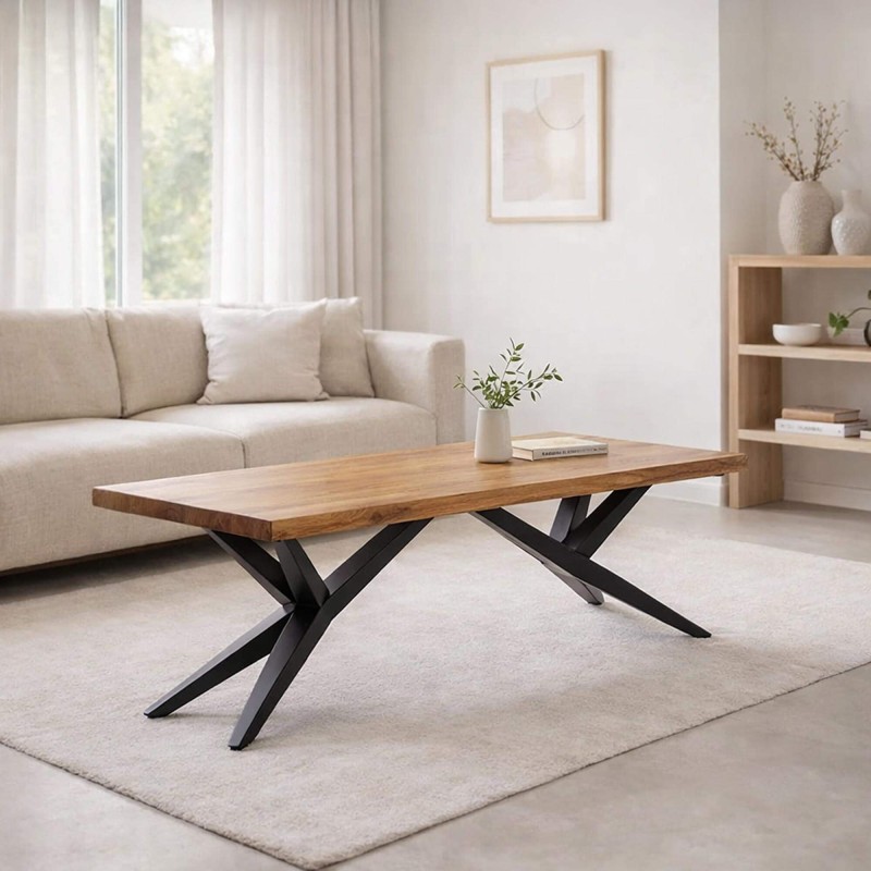 Design-Couchtisch aus Naturholz mit Metallfüßen – Helix