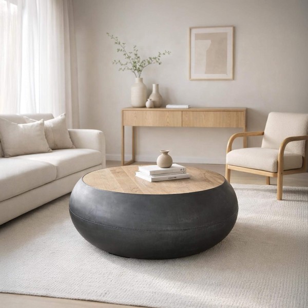 Runder Couchtisch aus Massivholz und Metall im Industriestil – Essential