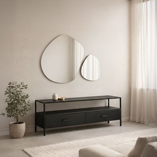 Industrielles TV-Möbel aus schwarzem Metall mit 2 Schubladen - New York