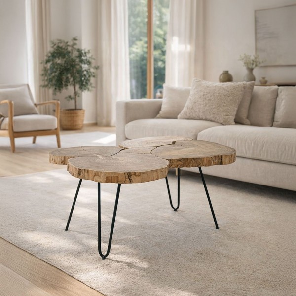 Couchtisch aus Akazienstamm und Metallbeinen