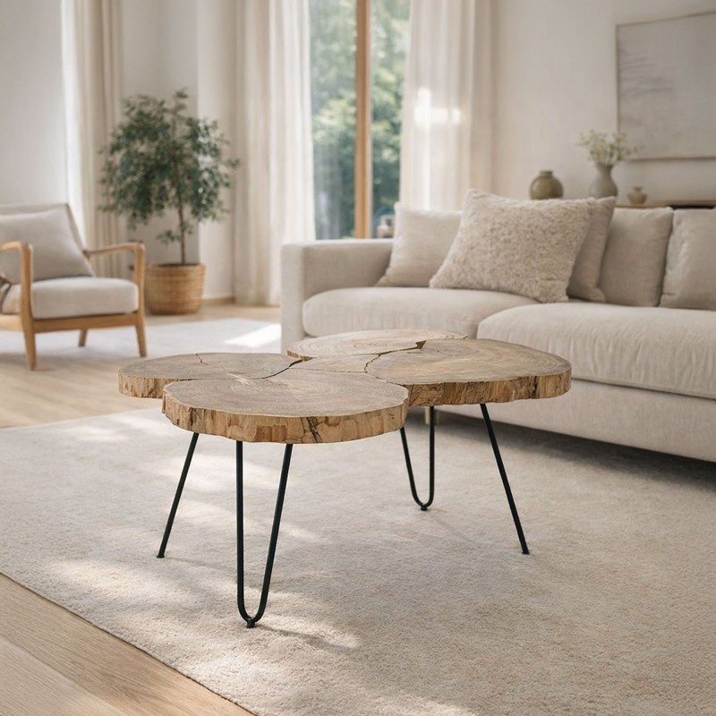 Couchtisch aus Akazienstamm und Metallbeinen