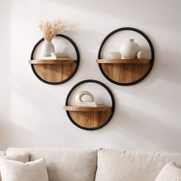 Rundes Wandregal mit Holzablage Industrial Style (3er-Set) – Urban