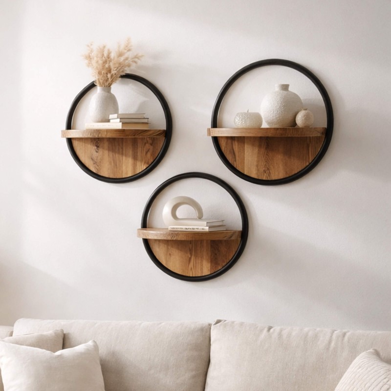 Rundes Wandregal mit Holzablage Industrial Style (3er-Set) – Urban