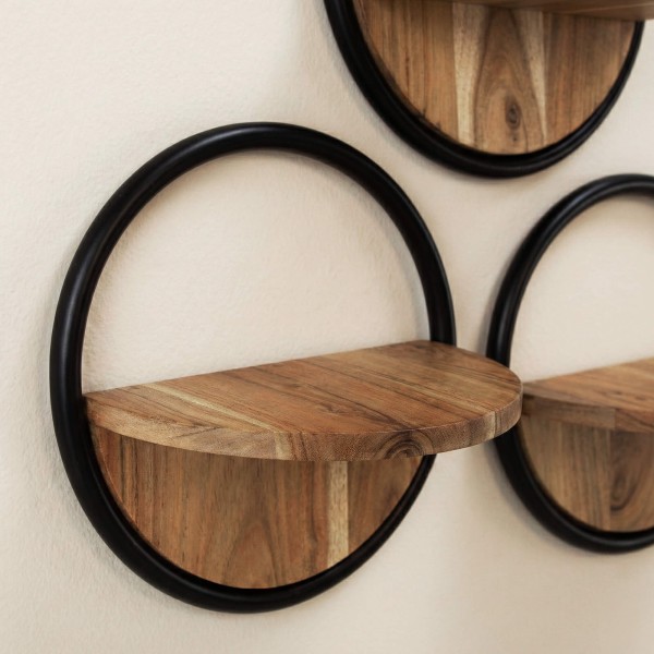 Rundes Wandregal mit Holzablage Industrial Style (3er-Set) – Urban