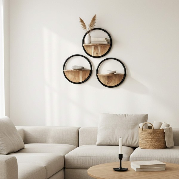 Rundes Wandregal mit Holzablage Industrial Style (3er-Set) – Urban