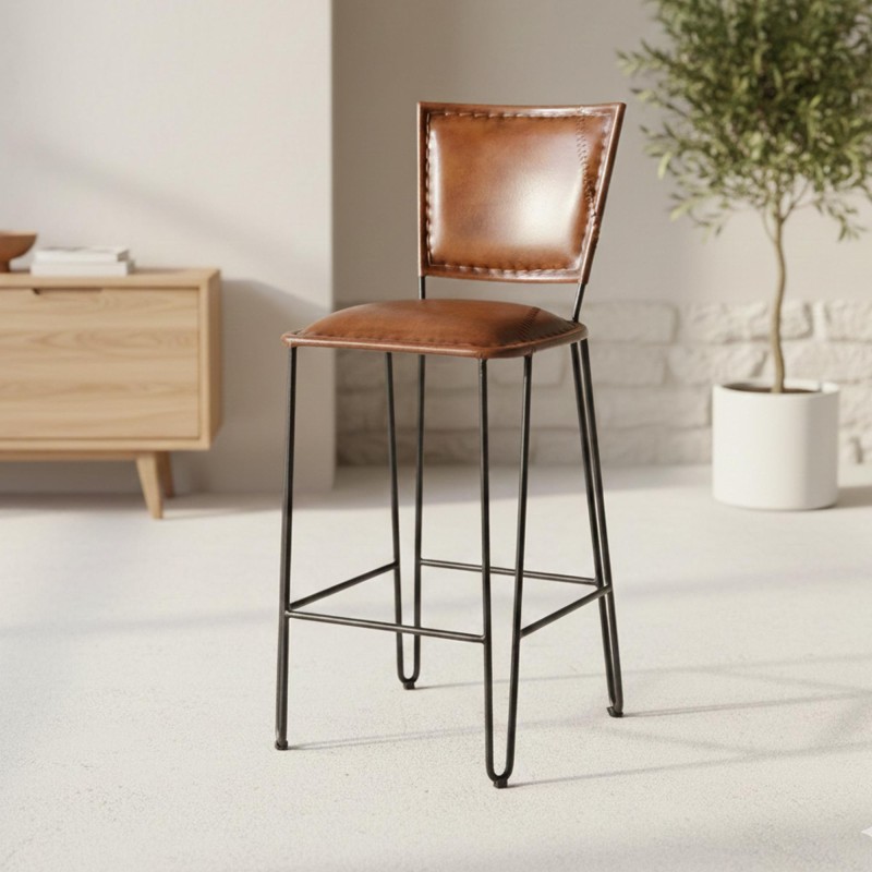 Vintage-Küchenhochstuhl aus Metall und Leder - Smart