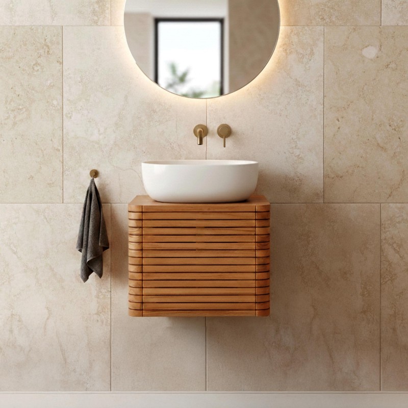 Hängendes Badmöbel aus Teakholz - Lattis