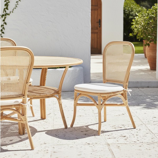 Stuhl aus natürlichem Rattan mit beigem Kissen - Louna