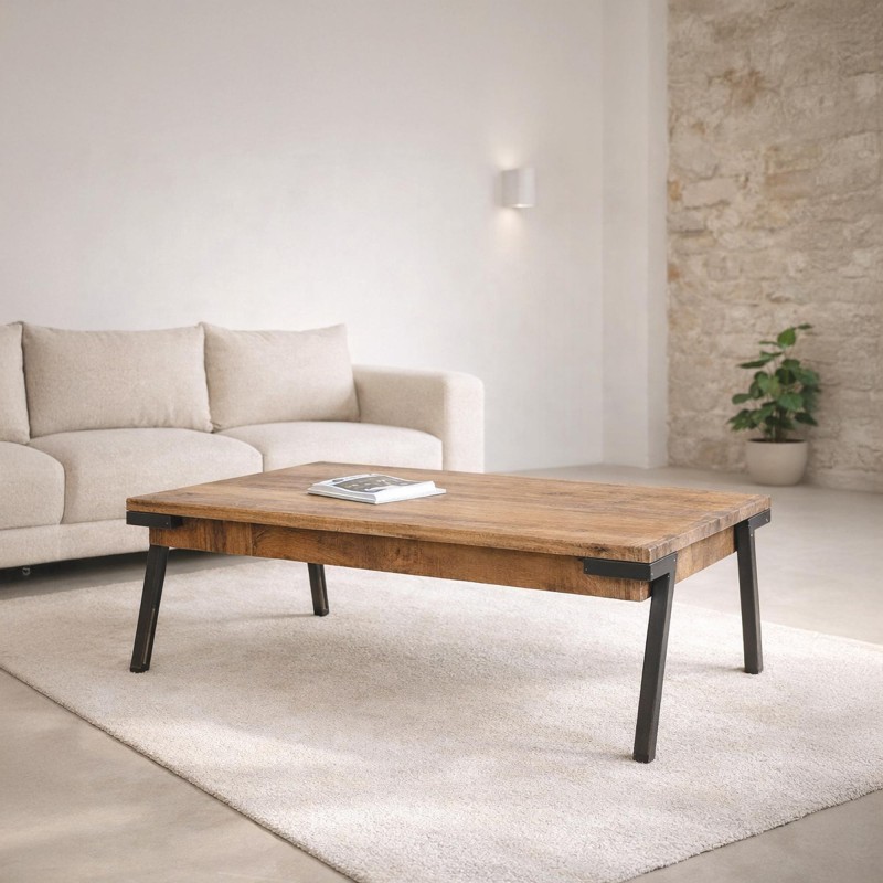 Vintage Couchtisch mit Massivholzplatte und Metallgestell – Retro Archi