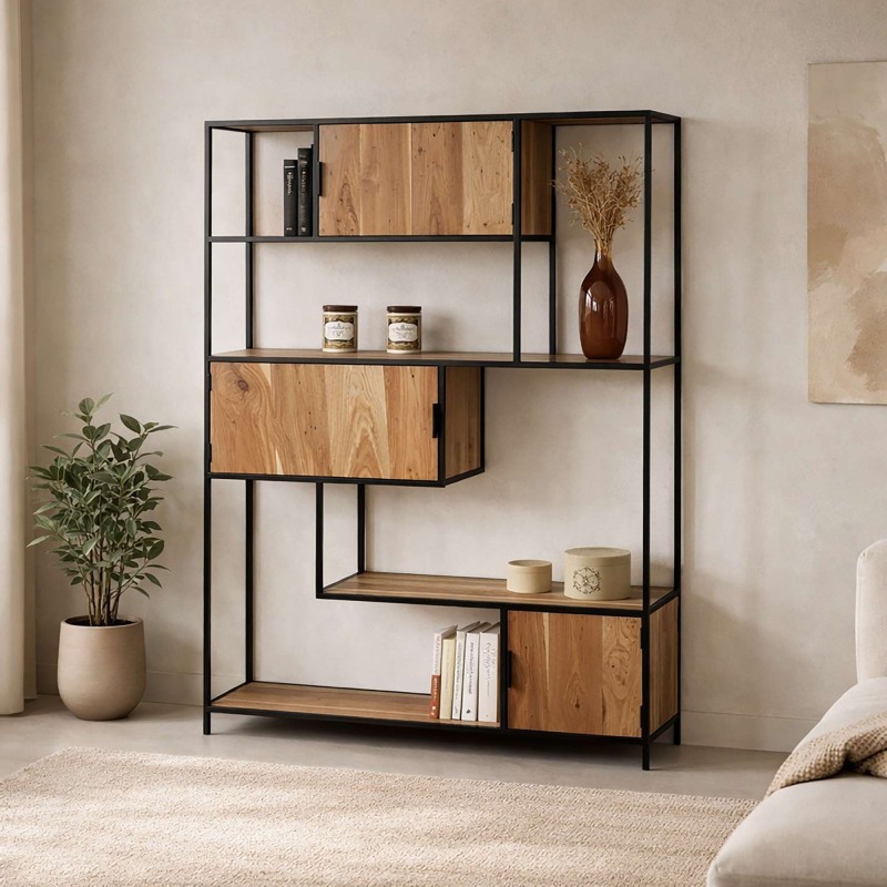 Industrielles Bücherregal aus Holz und Metall mit Türen