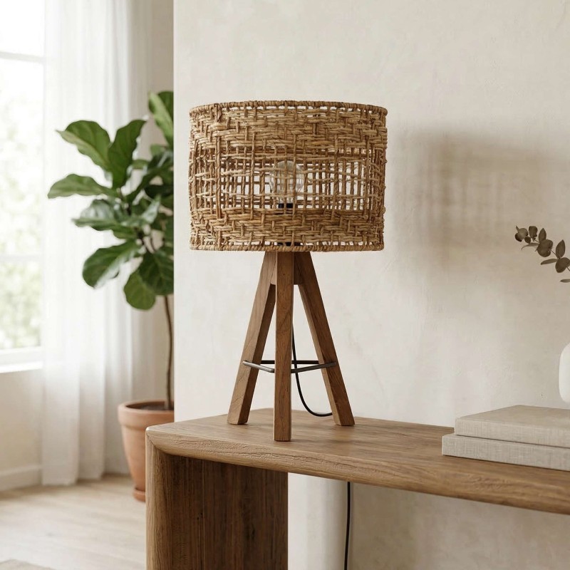 Tischlampe aus recyceltem Teakholz und Rattan