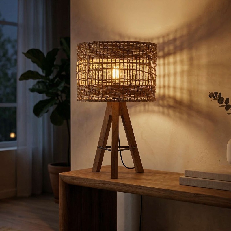 Tischlampe aus recyceltem Teakholz und Rattan