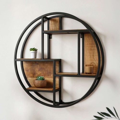 Industrielles rundes Regal aus Holz und Metall
