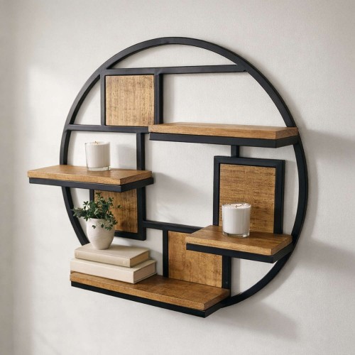 Industrielles rundes Regal aus Metall und Holz