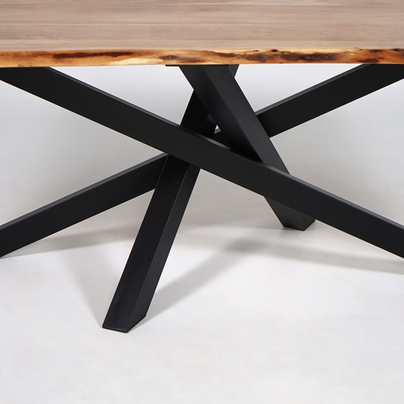 Esstisch aus Massivholz mit Mikado-Metallgestell und natürlicher Baumkante 200 cm