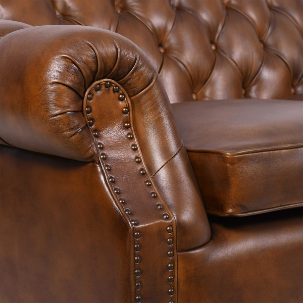 Chesterfield-Sofa aus braunem Echtleder, 2-Sitzer - Harold
