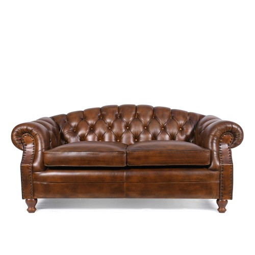 Chesterfield-Sofa aus braunem Echtleder, 2-Sitzer - Harold