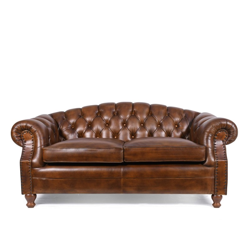 Chesterfield-Sofa aus braunem Echtleder, 2-Sitzer - Harold