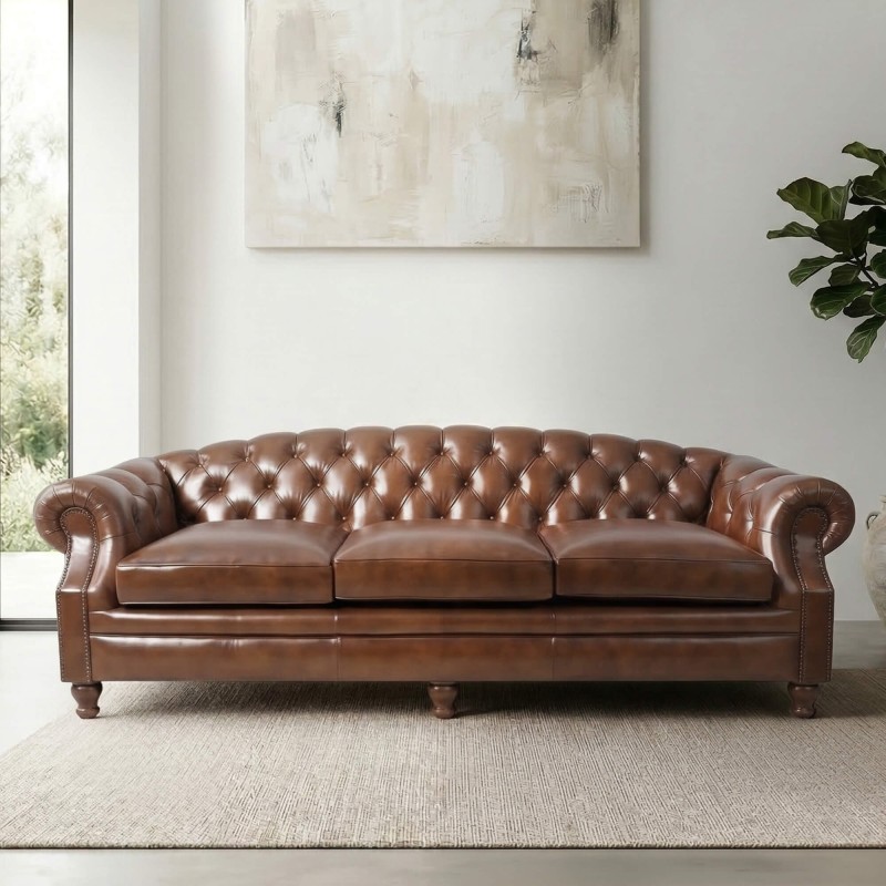 Chesterfield-Sofa aus braunem Echtleder, 3-Sitzer - Harold