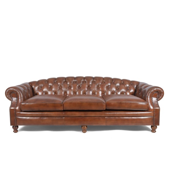 Chesterfield-Sofa aus braunem Echtleder, 3-Sitzer - Harold