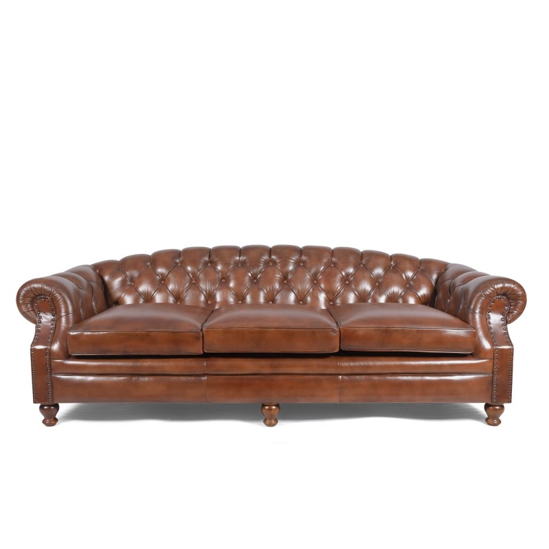 Chesterfield-Sofa aus braunem Echtleder, 3-Sitzer - Harold