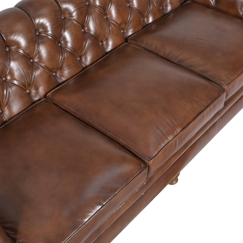 Chesterfield-Sofa aus braunem Echtleder, 3-Sitzer - Harold