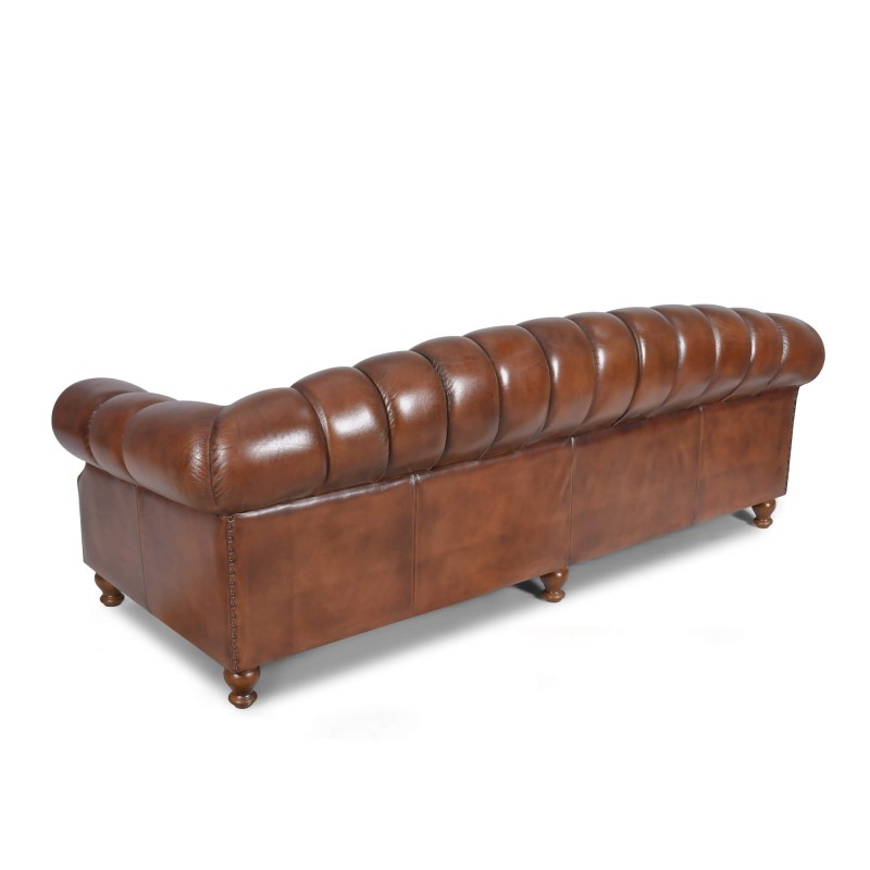Chesterfield-Sofa aus braunem Echtleder, 3-Sitzer - Harold