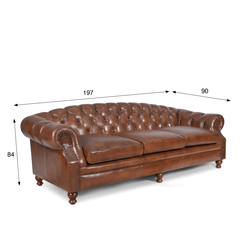 Chesterfield-Sofa aus braunem Echtleder, 3-Sitzer - Harold