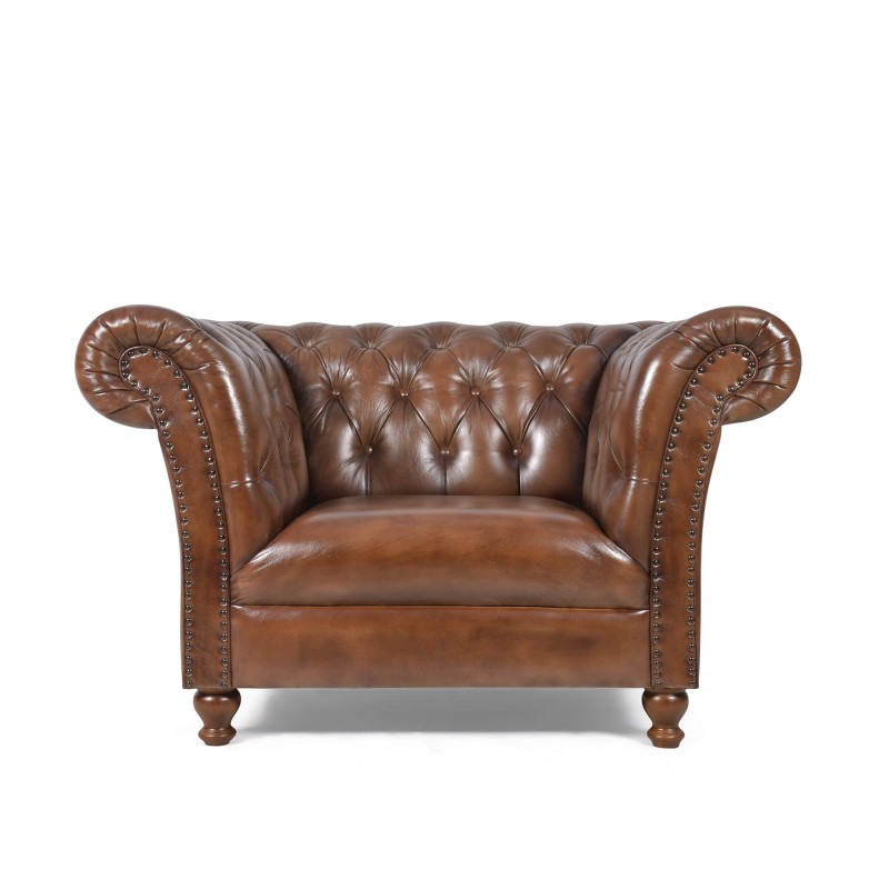 Chesterfield-Sessel aus braunem Echtleder - Henry