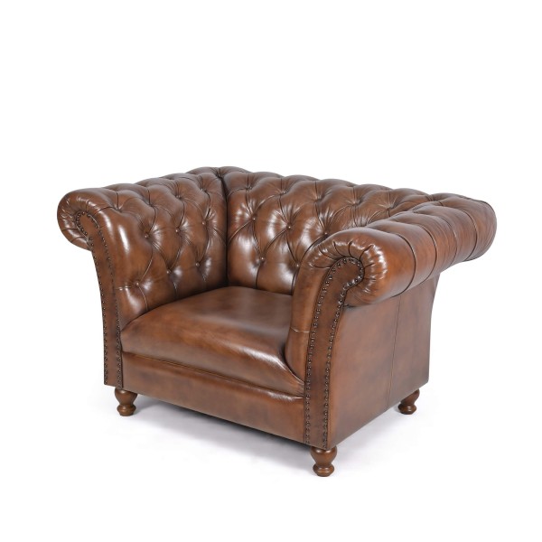 Chesterfield-Sessel aus braunem Echtleder - Henry