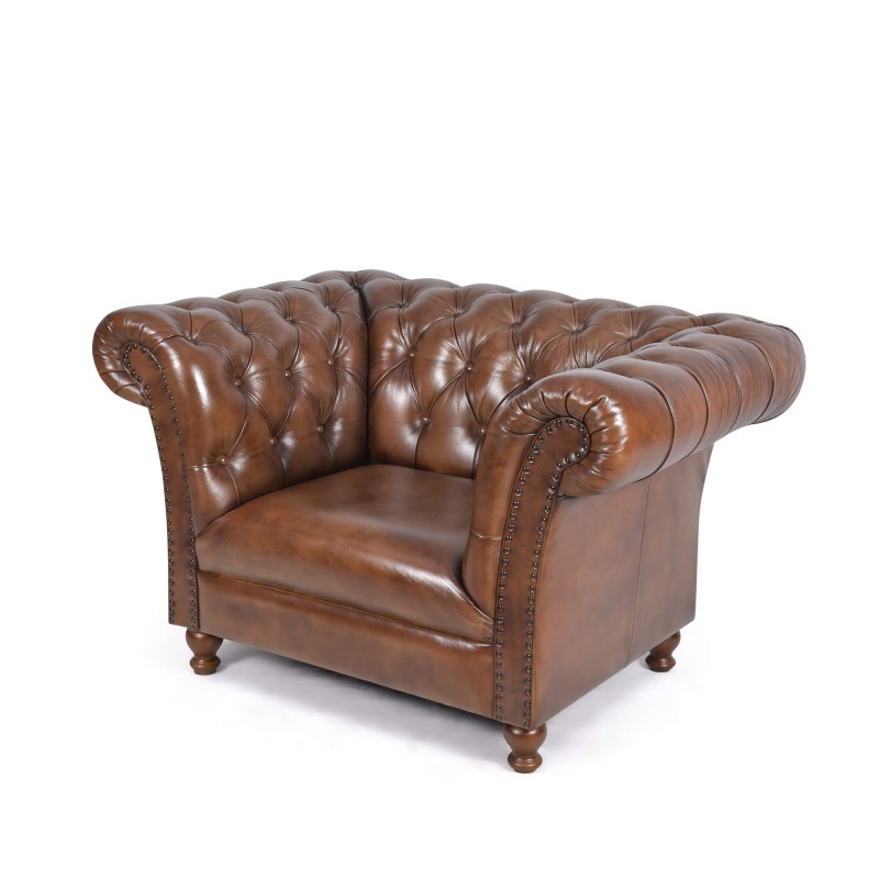 Chesterfield-Sessel aus braunem Echtleder - Henry