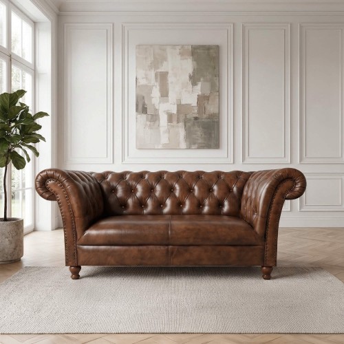 Chesterfield-Sofa aus braunem Echtleder, 2-Sitzer - Henry