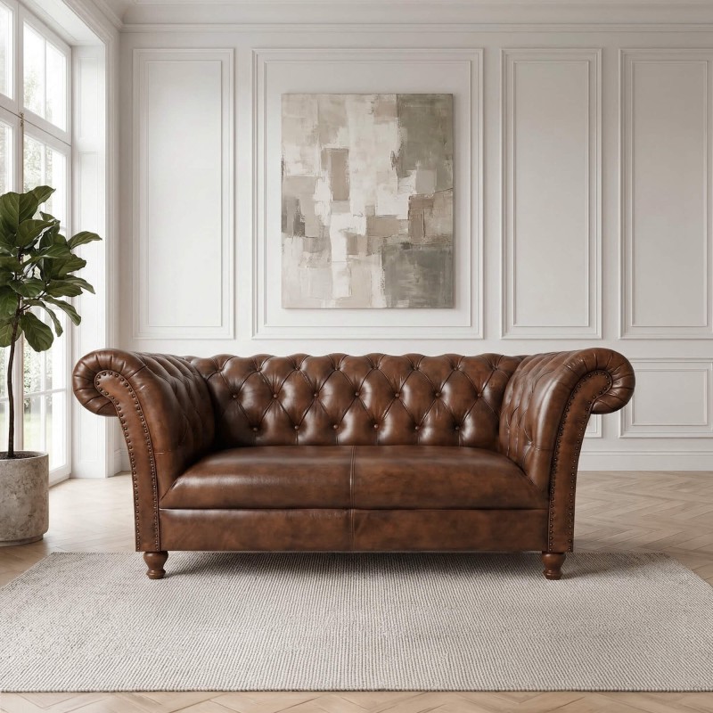 Chesterfield-Sofa aus braunem Echtleder, 2-Sitzer - Henry