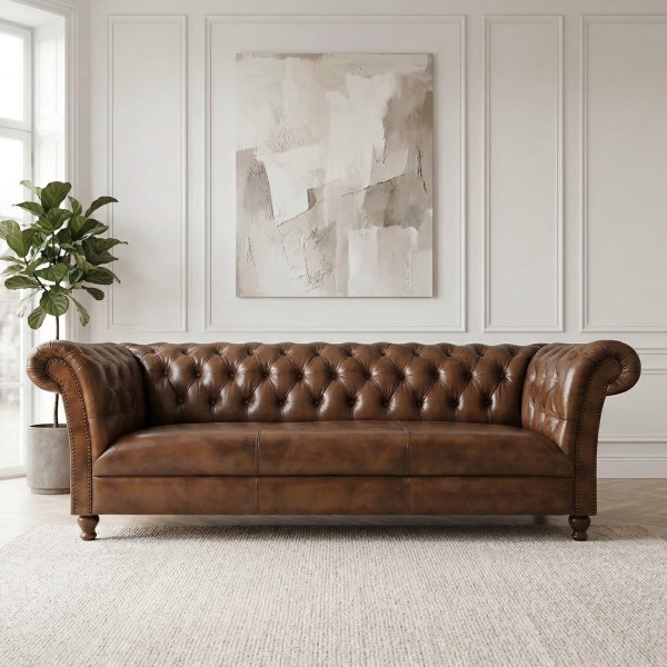 Chesterfield-Sofa aus braunem Echtleder, 3-Sitzer - Henry